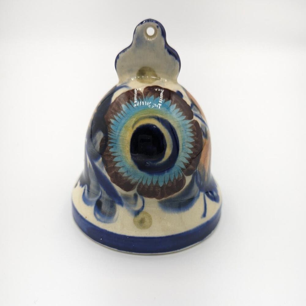 Art Pottery Bell Flower Signed Blue Cream Brown Mexico or Polish? Boho AS IS